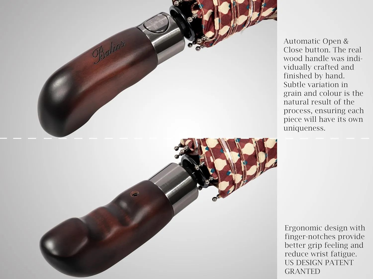 Travel Folding Umbrella with Real Wood Handle Auto Open Close Vented Windproof Canopy - Designed in UK