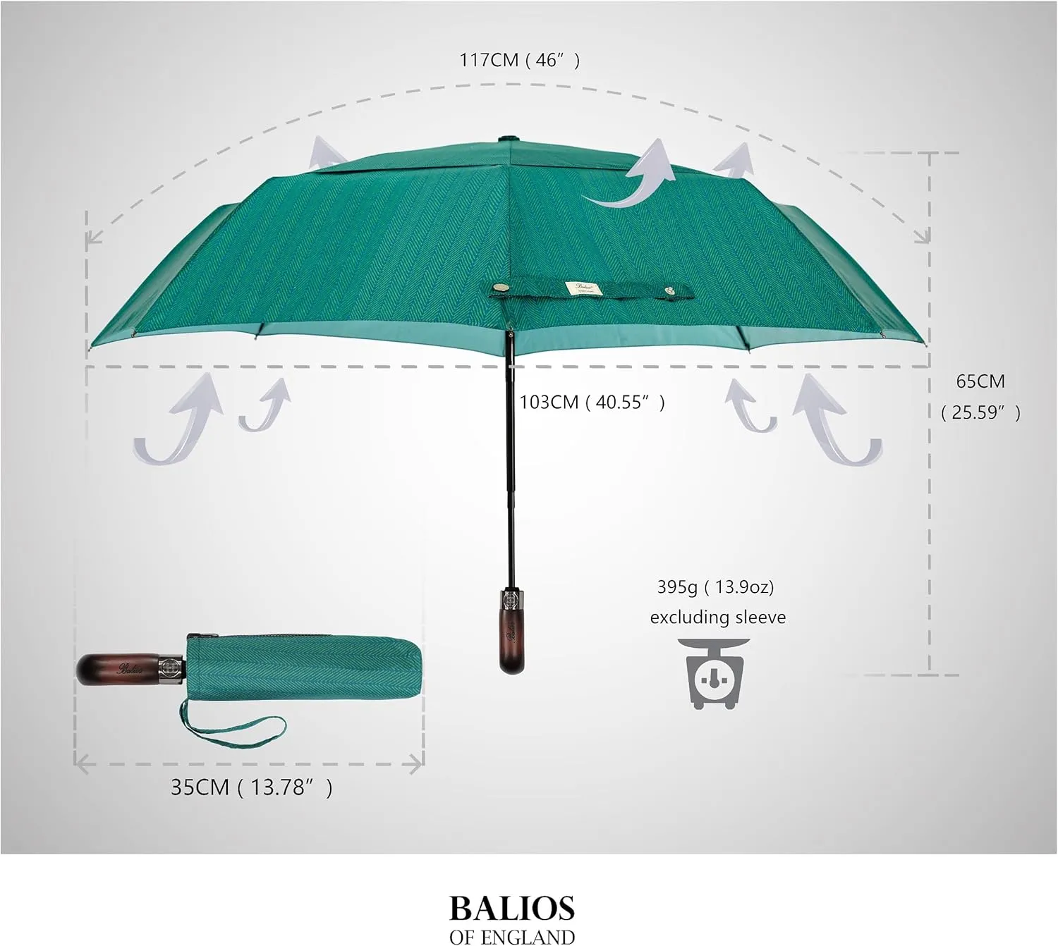 Travel Folding Umbrella with Real Wood Handle Auto Open Close Vented Windproof Canopy - Designed in UK
