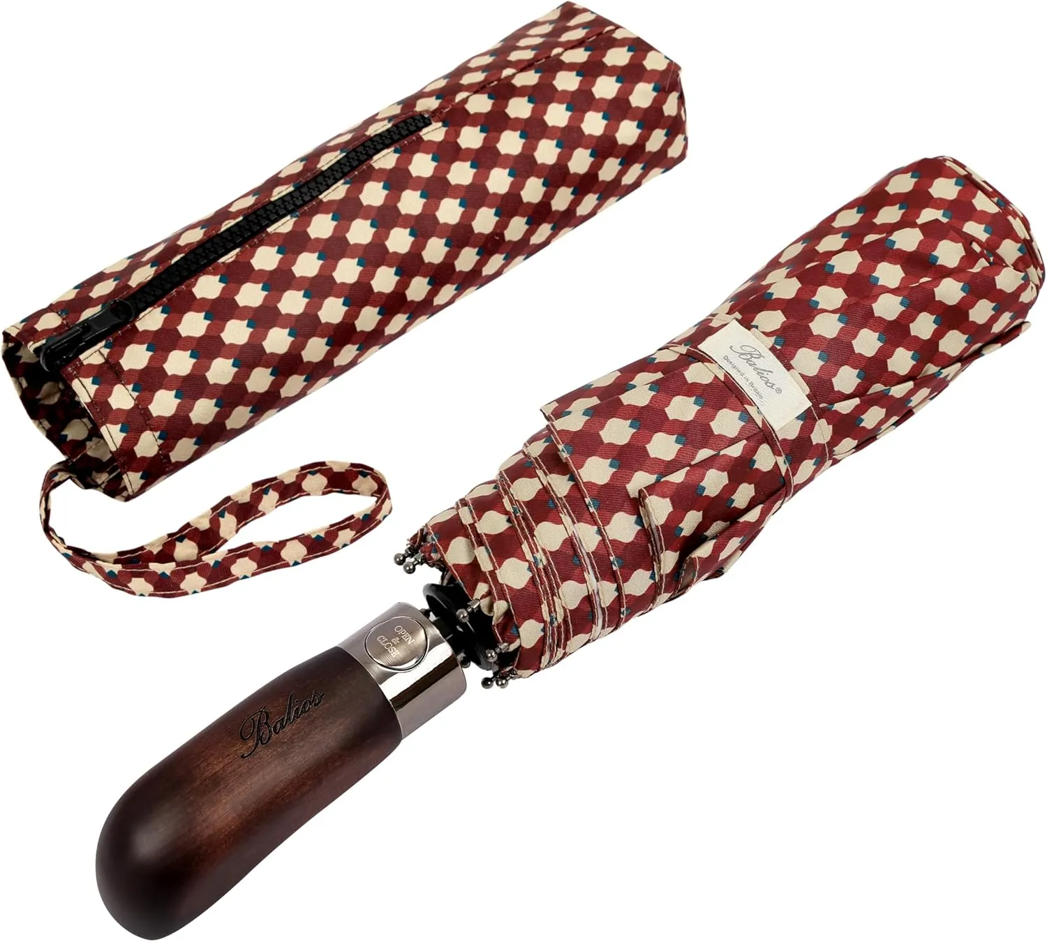 Travel Folding Umbrella with Real Wood Handle Auto Open Close Vented Windproof Canopy - Designed in UK