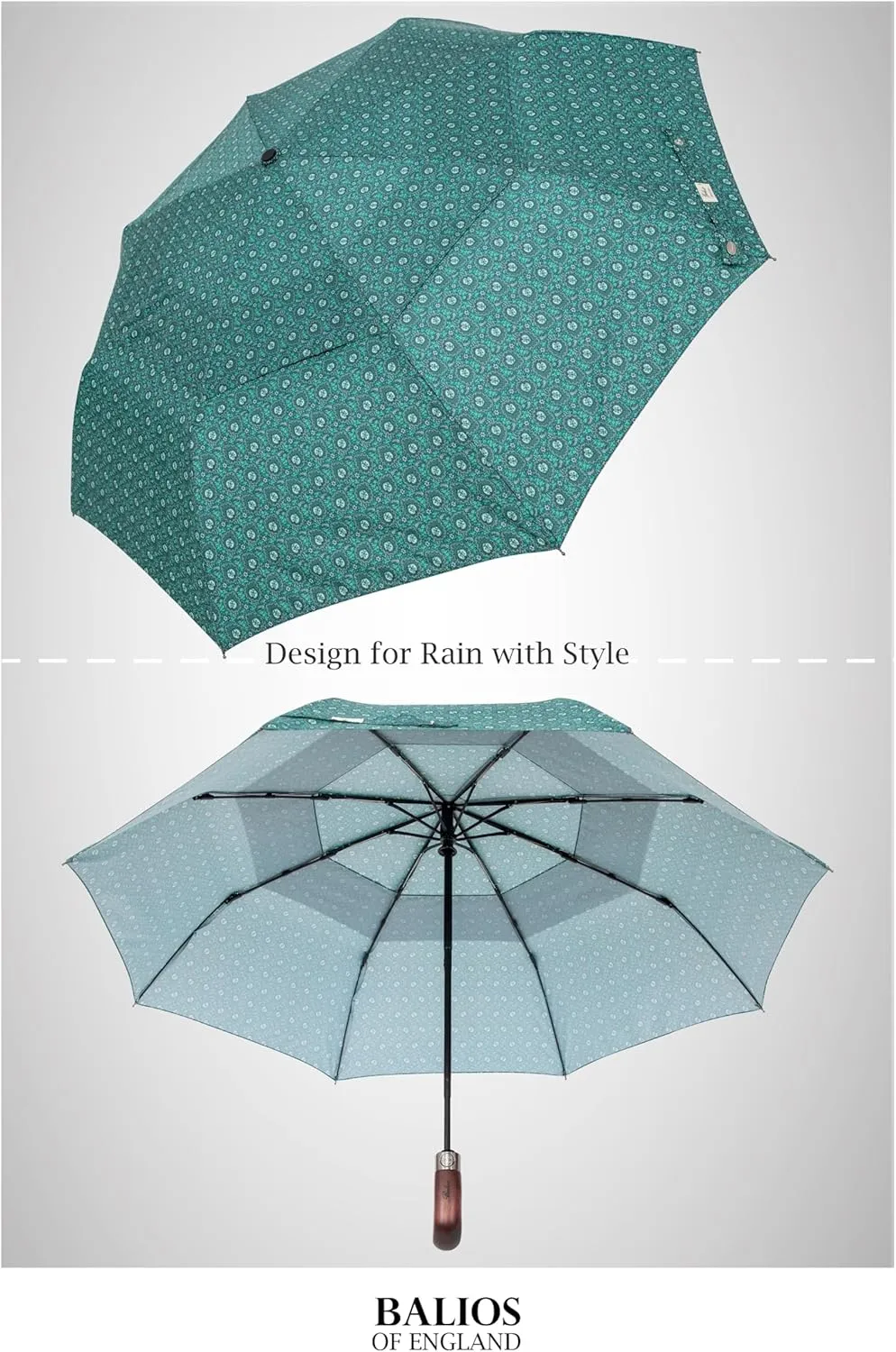 Travel Folding Umbrella with Real Wood Handle Auto Open Close Vented Windproof Canopy - Designed in UK