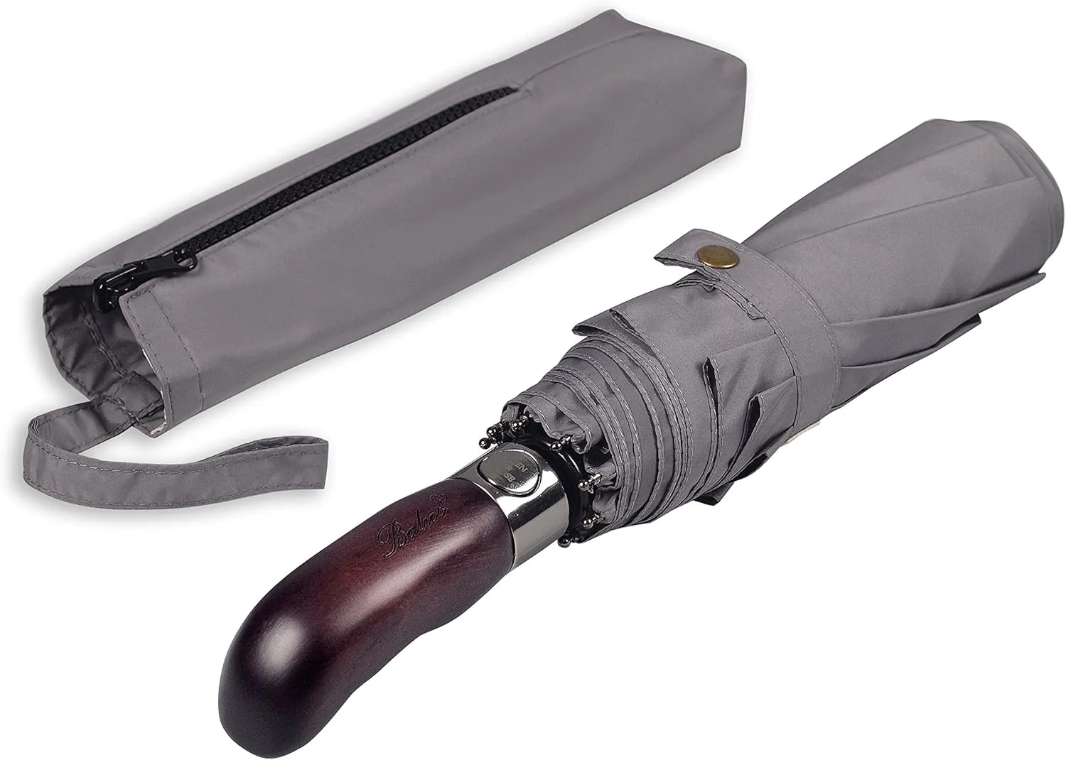 Travel Folding Umbrella with Real Wood Handle Auto Open Close Vented Windproof Canopy - Designed in UK