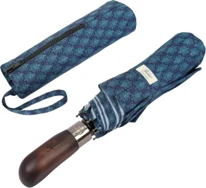 Travel Folding Umbrella with Real Wood Handle Auto Open Close Vented Windproof Canopy - Designed in UK