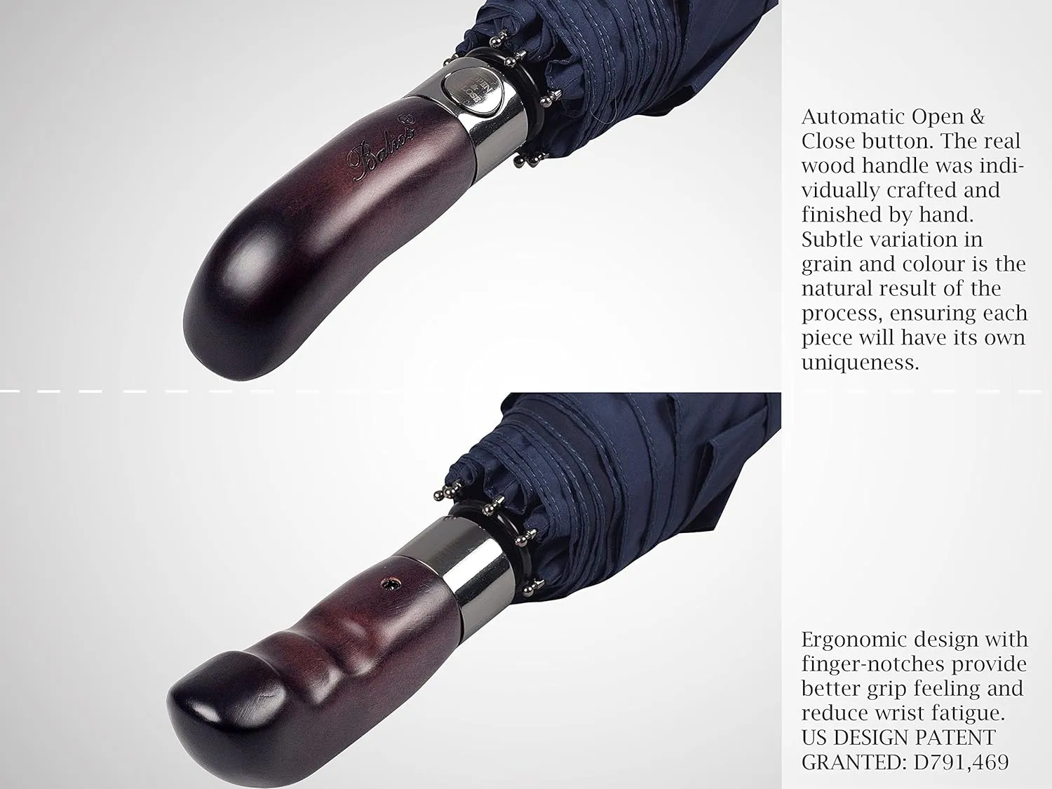 Travel Folding Umbrella with Real Wood Handle Auto Open Close Vented Windproof Canopy - Designed in UK