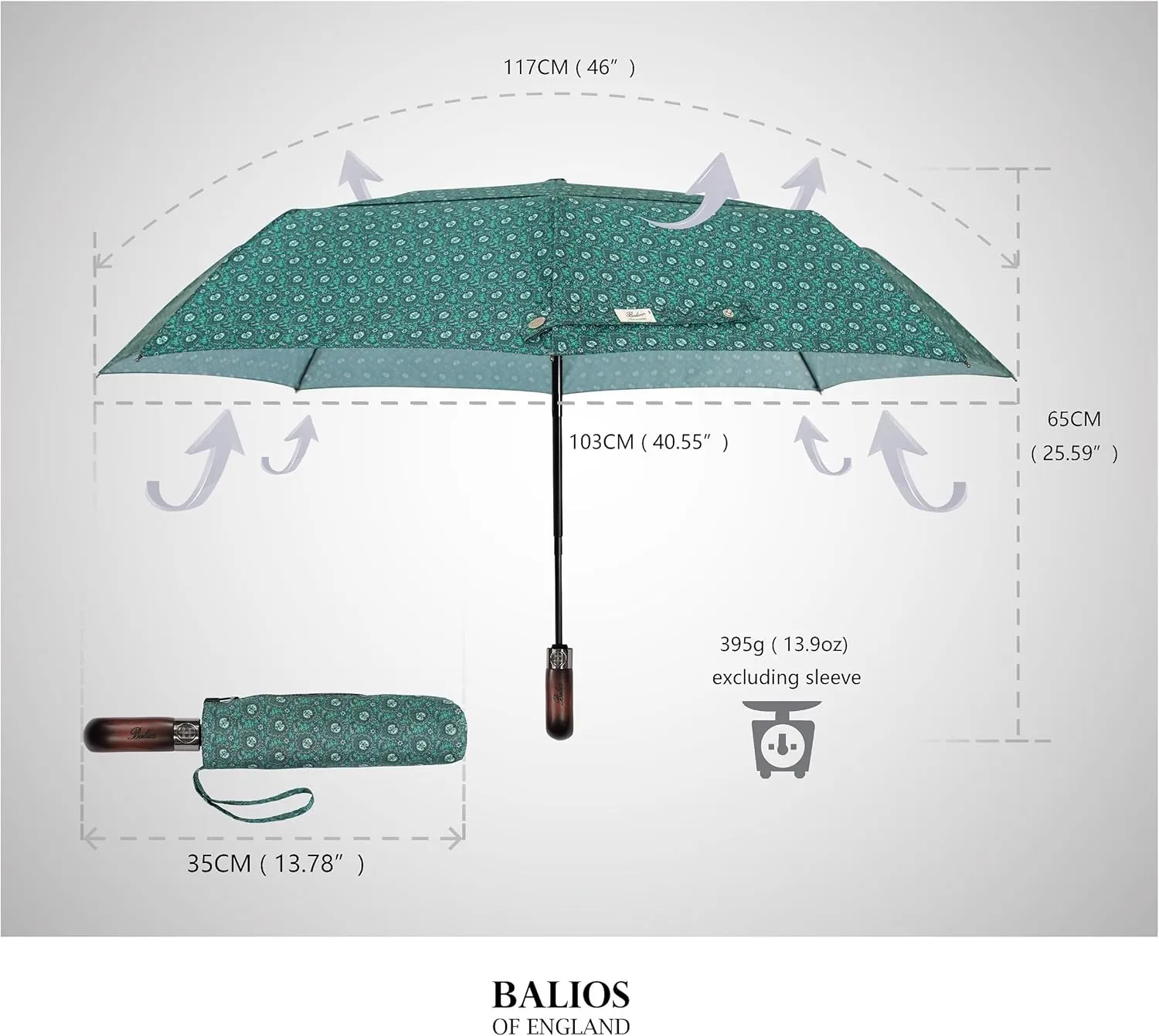 Travel Folding Umbrella with Real Wood Handle Auto Open Close Vented Windproof Canopy - Designed in UK