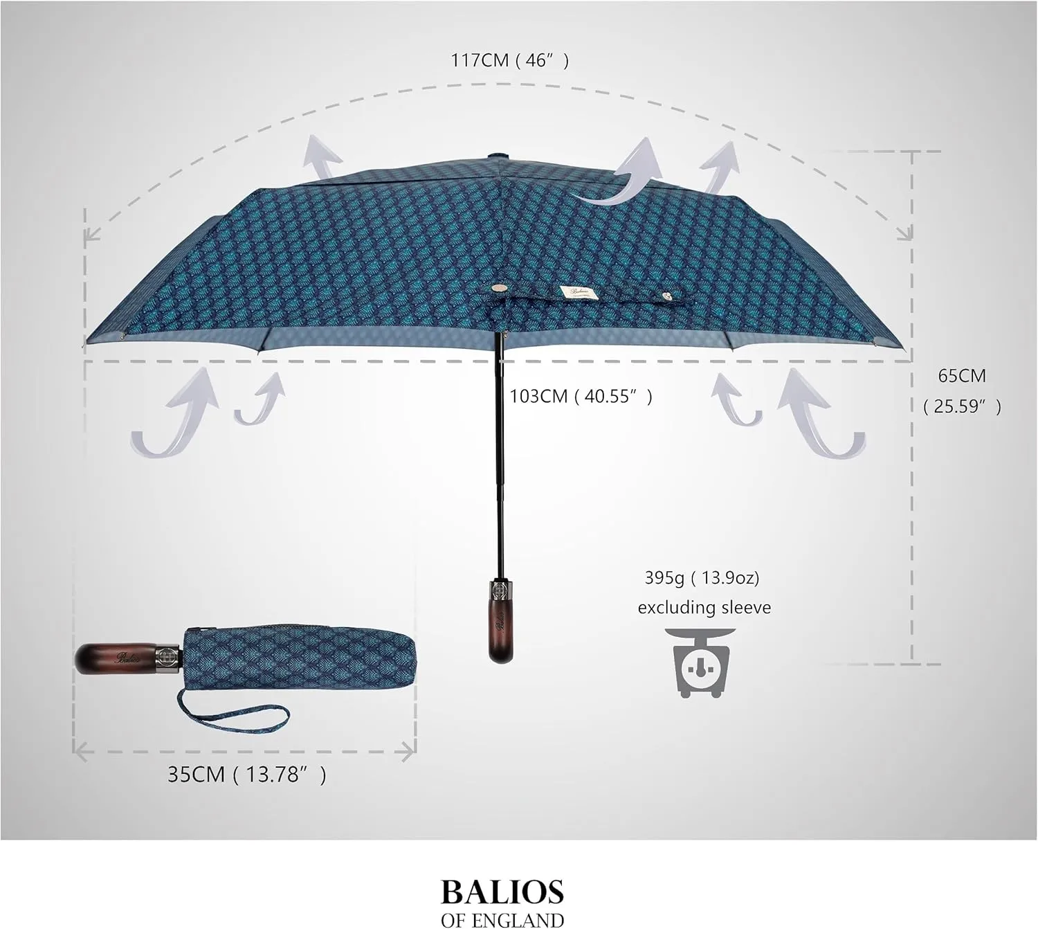 Travel Folding Umbrella with Real Wood Handle Auto Open Close Vented Windproof Canopy - Designed in UK