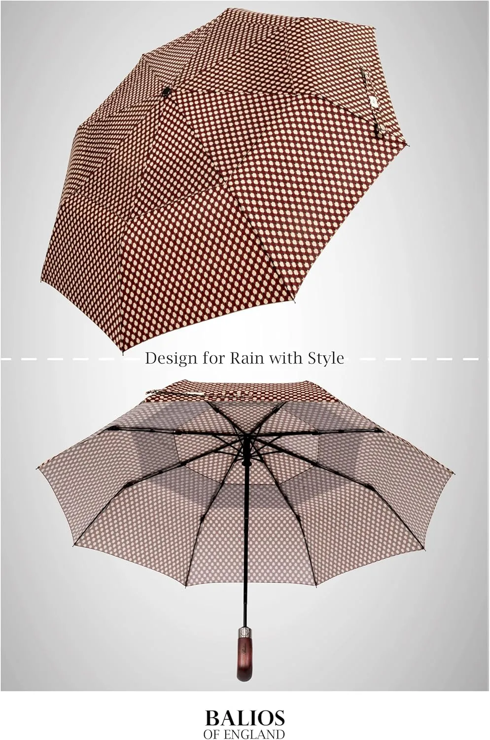 Travel Folding Umbrella with Real Wood Handle Auto Open Close Vented Windproof Canopy - Designed in UK