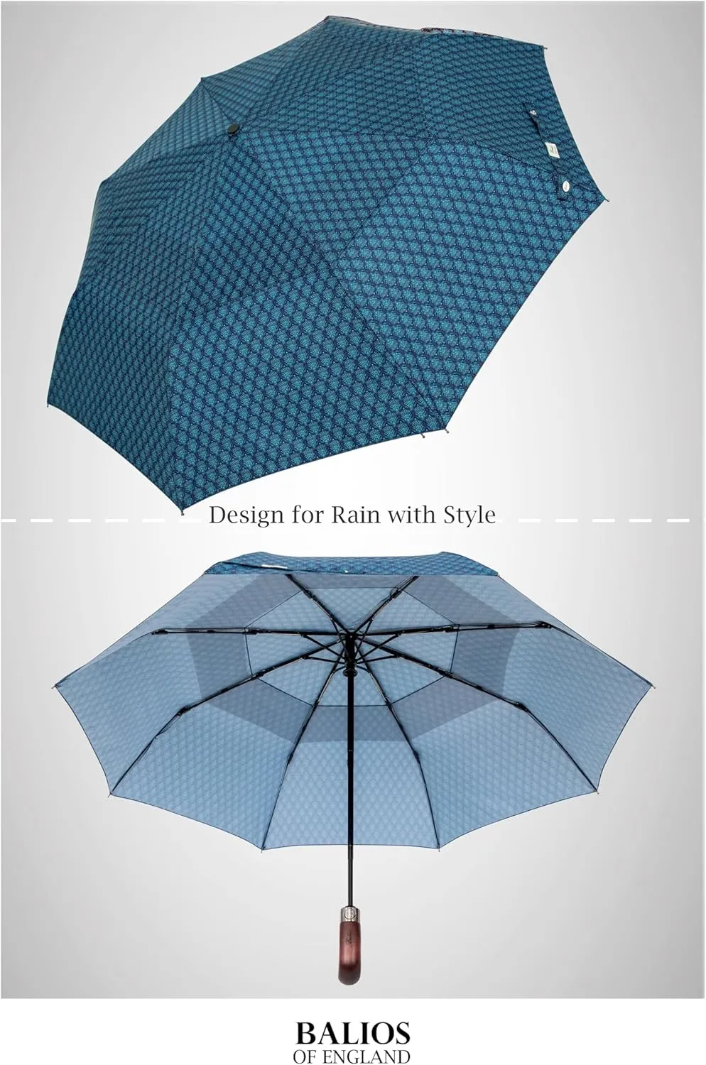 Travel Folding Umbrella with Real Wood Handle Auto Open Close Vented Windproof Canopy - Designed in UK