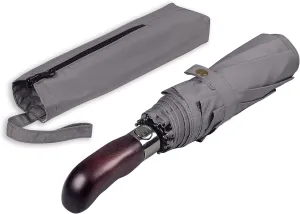 Travel Folding Umbrella with Real Wood Handle Auto Open Close Vented Windproof Canopy - Designed in UK