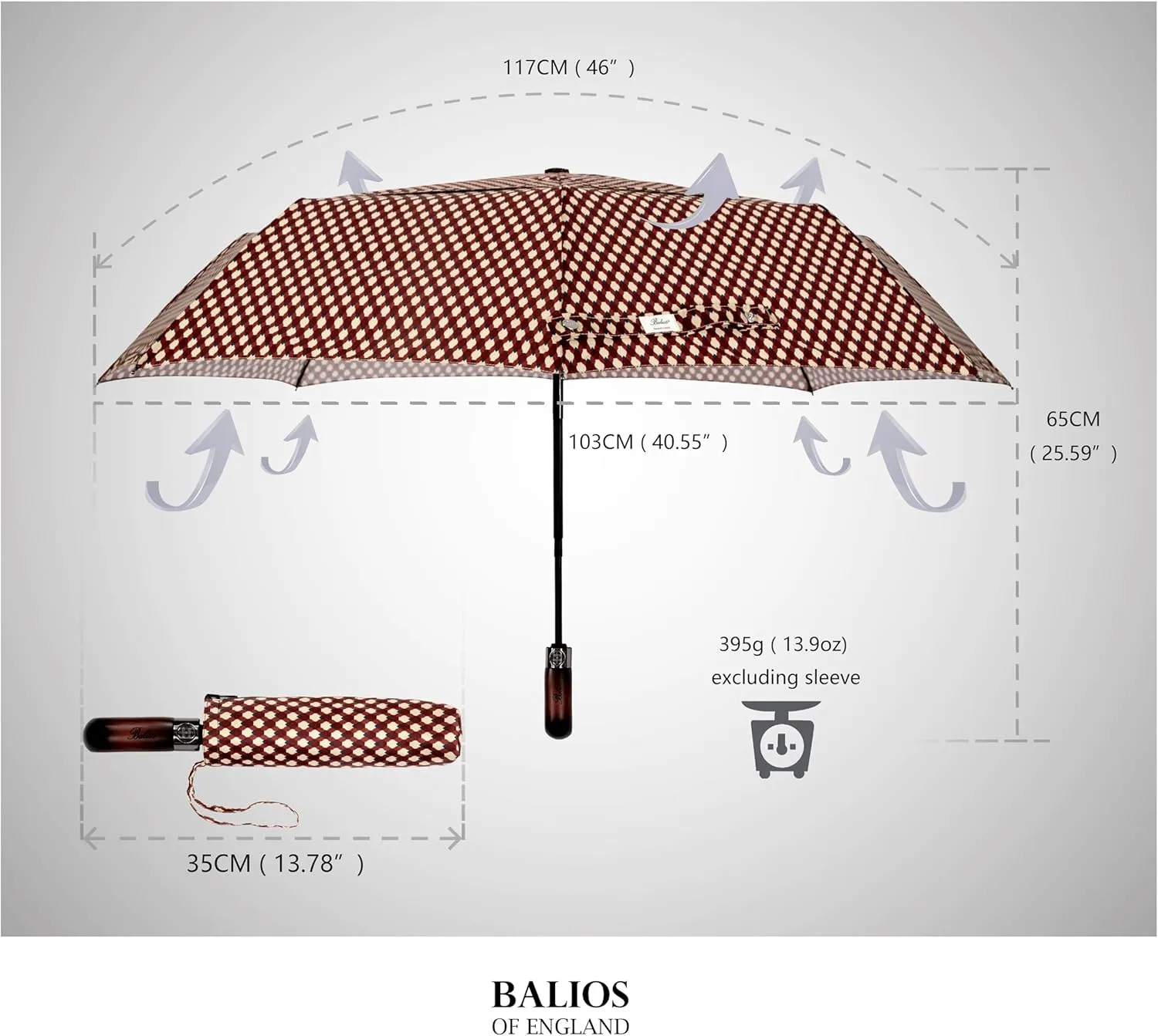 Travel Folding Umbrella with Real Wood Handle Auto Open Close Vented Windproof Canopy - Designed in UK