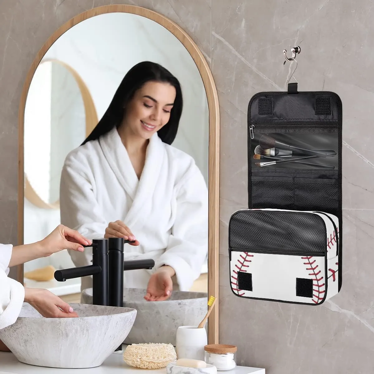 Travel Hanging Toiletry Bag for Women Men Baseball Cosmetic Bag Waterproof Makeup Organizer for Accessories, Shampoo, Full Sized Container, Toiletries for Bathroom Shower