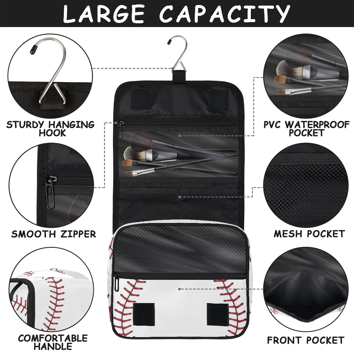 Travel Hanging Toiletry Bag for Women Men Baseball Cosmetic Bag Waterproof Makeup Organizer for Accessories, Shampoo, Full Sized Container, Toiletries for Bathroom Shower