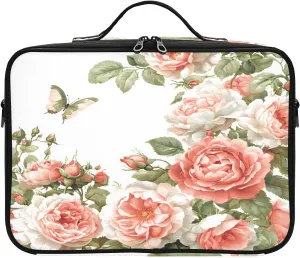 Travel Makeup Train Case Coral Flower Pink Butterfly Pattern Cosmetic Organizer Portable Storage Bag with Adjustable Dividers for Cosmetics Brushes Toiletry Jewelry Digital Accessories