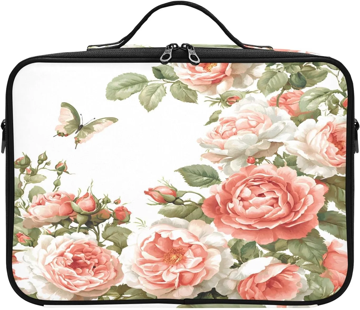 Travel Makeup Train Case Coral Flower Pink Butterfly Pattern Cosmetic Organizer Portable Storage Bag with Adjustable Dividers for Cosmetics Brushes Toiletry Jewelry Digital Accessories