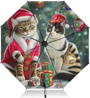 Travel Umbrella Windproof Compact Travel Umbrella, Umbrellas for Backpacks/Handbags, Rain, Wind and Sun, Christmas Cats