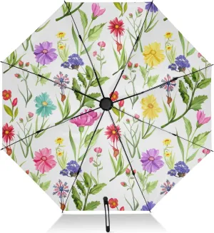 Travel Umbrella Windproof Folding Umbrella, Umbrellas for Backpacks/Handbags, Rain, Wind and Sun, Colorful Flowers White