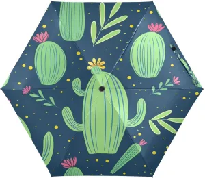 Travel Umbrella Windproof Uv Umbrella Compact, Umbrellas for Backpacks/Handbags, Sun, Cacti Succulents Green