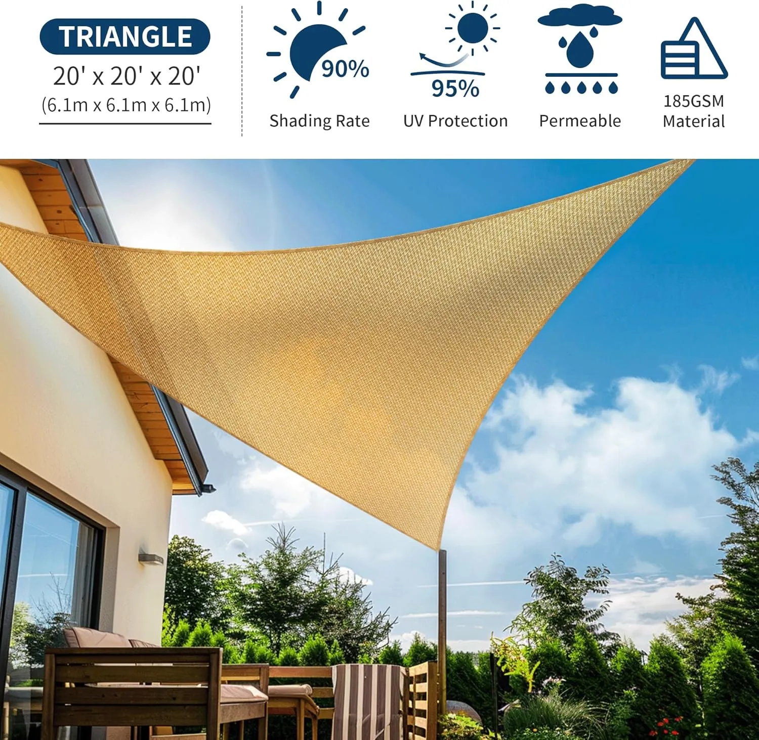 Triangle 20' x 20' x 20' Sun Shade Sail, UV Block Sunshade Canopy, Sand Permeable Patio Cover for Garden Backyard Outdoor Facility and Activities