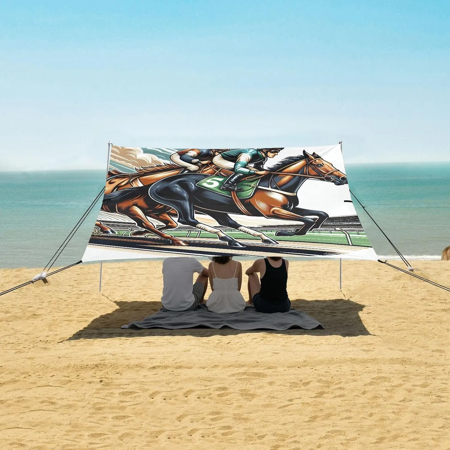 Two Racing Horses with Riders Beach Camping Tent Sun Shelter for Whole Family, Beach Shade Canopy with UPF50  UV Protection,Easy Set Up and Carry,Outdoor Shade for Trips, Fishing, Backyard Fun