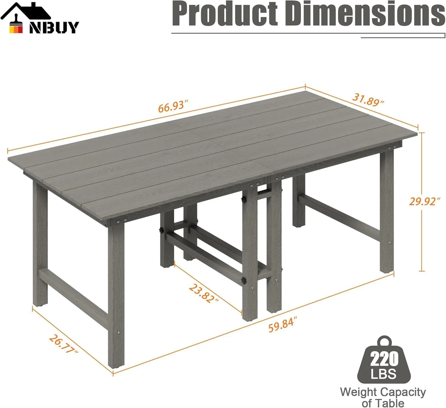 UEV HDPE Outdoor Dining Table for 6, Removable 2-in-1 Spacious Heavy-Duty Patio Table with Wood Grain Finish, Weather-Resistant Patio Dining Table, Grey