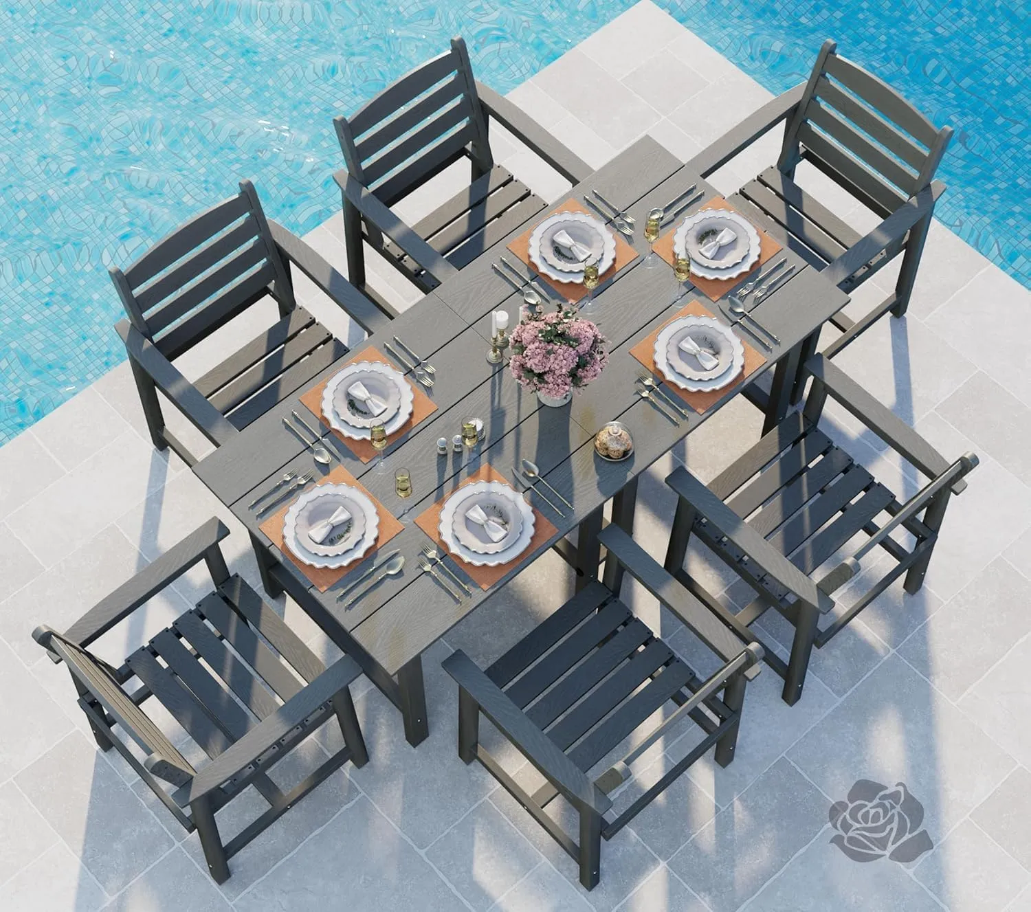 UEV HDPE Outdoor Dining Table for 6, Removable 2-in-1 Spacious Heavy-Duty Patio Table with Wood Grain Finish, Weather-Resistant Patio Dining Table, Grey