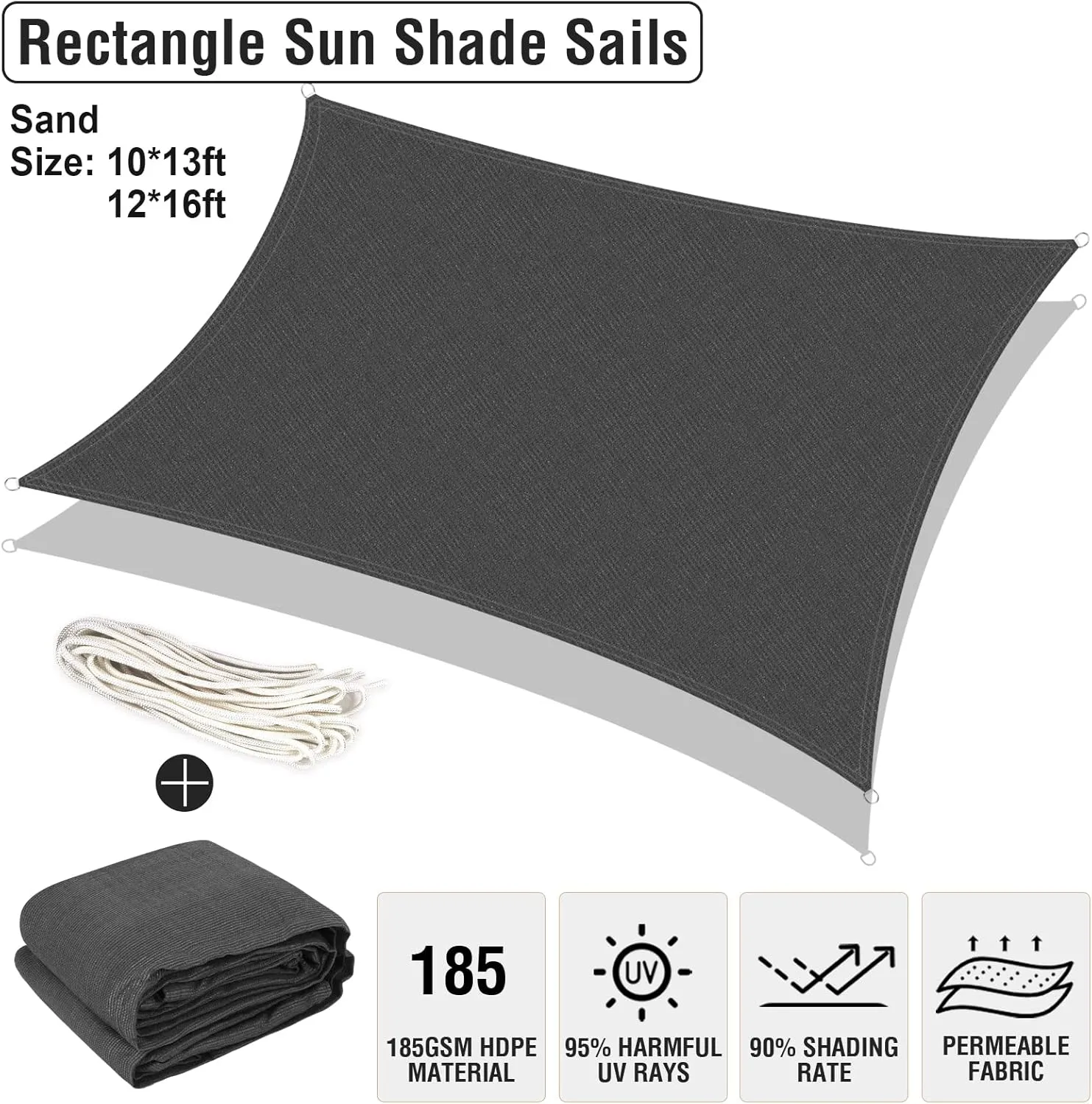UIRWAY Sun Shade Sails Canopy 6.5'x10' Rectangle, 95% UV Block, 185GSM Heavy Duty Permeable Sun Shade Sail for Patio, Garden, Pergola, Backyard, Outdoor Pools, Carport - Anthracite