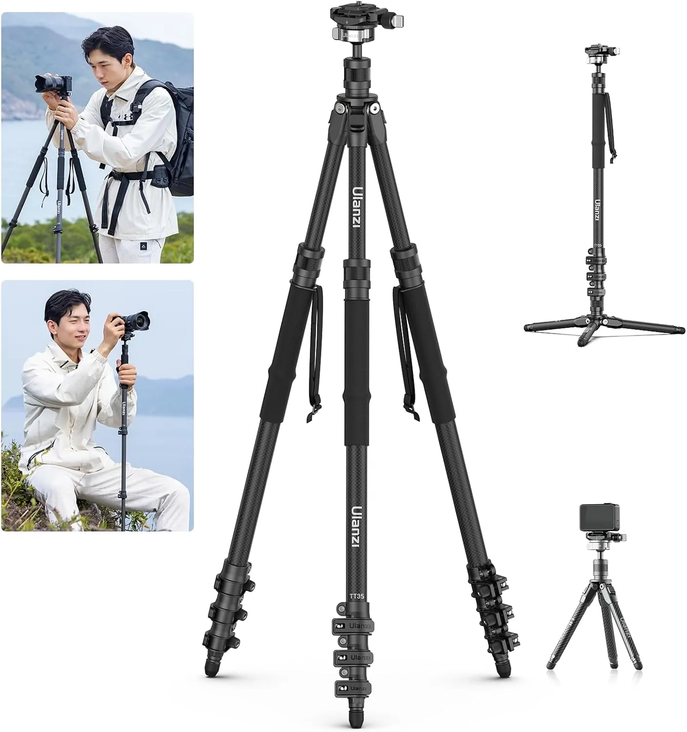Ulanzi TT35 Hiking Stick Tripod Kit, Travel Camera Monopod, 57.48" Detachable Carbon Fiber Stand Kit with 3 Hiking Pole & Mini Tripod & Removable Arca QR for DSLR Camera Camcorder