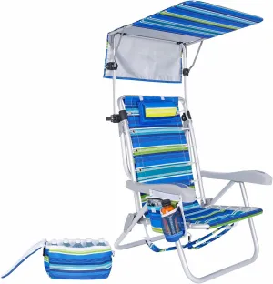 Ultimate Heavy Duty Aluminum Lace-Up Folding Backpack Beach Chair for Adults | Low Seat, Lay Flat, 5 Reclining Positions | Removable Insulated Cooler Pouch & Canopy for UV Protection