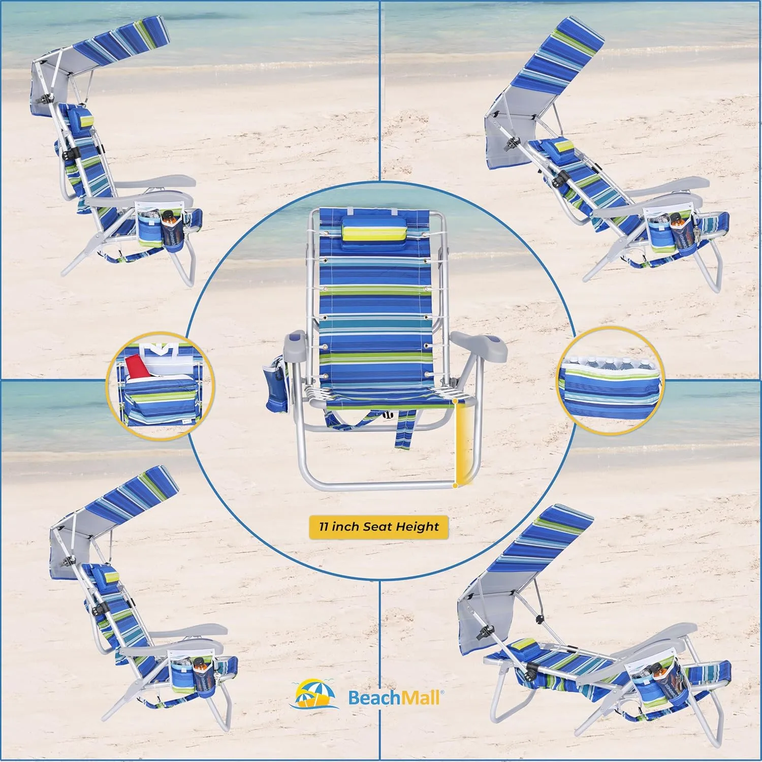 Ultimate Heavy Duty Aluminum Lace-Up Folding Backpack Beach Chair for Adults | Low Seat, Lay Flat, 5 Reclining Positions | Removable Insulated Cooler Pouch & Canopy for UV Protection