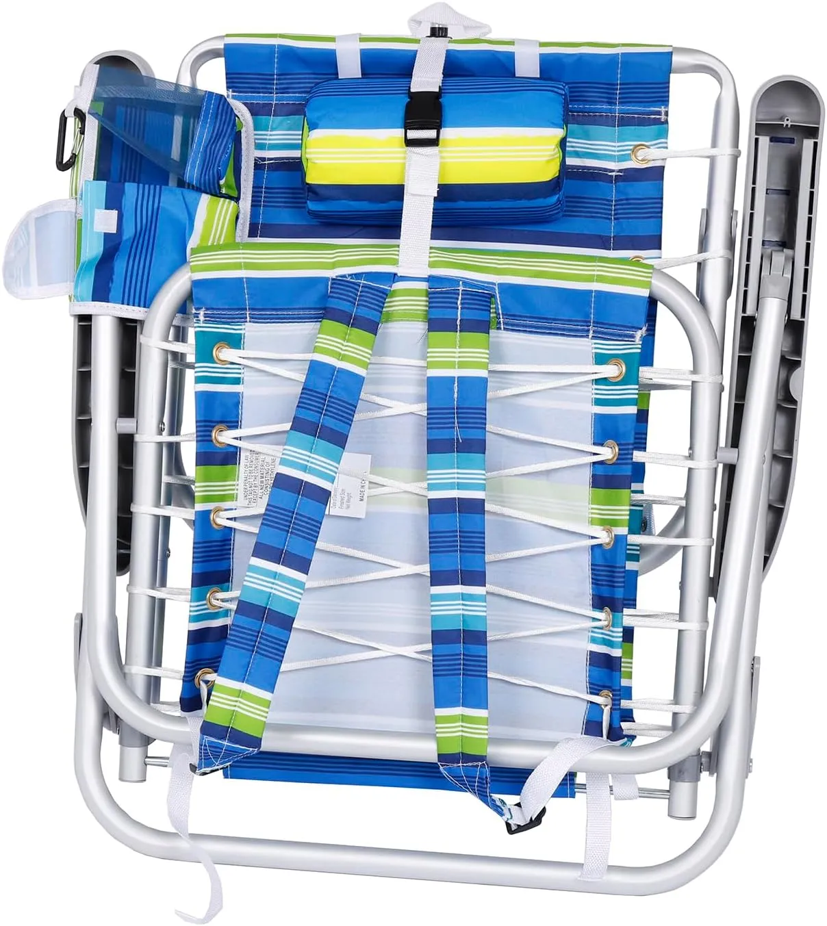 Ultimate Heavy Duty Aluminum Lace-Up Folding Backpack Beach Chair for Adults | Low Seat, Lay Flat, 5 Reclining Positions | Removable Insulated Cooler Pouch & Canopy for UV Protection