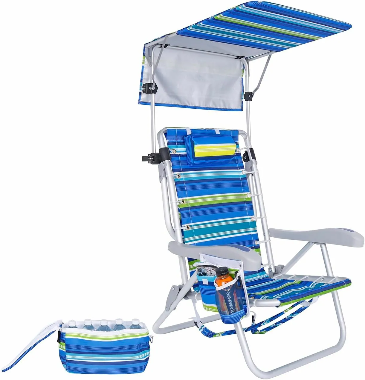 Ultimate Heavy Duty Aluminum Lace-Up Folding Backpack Beach Chair for Adults | Low Seat, Lay Flat, 5 Reclining Positions | Removable Insulated Cooler Pouch & Canopy for UV Protection