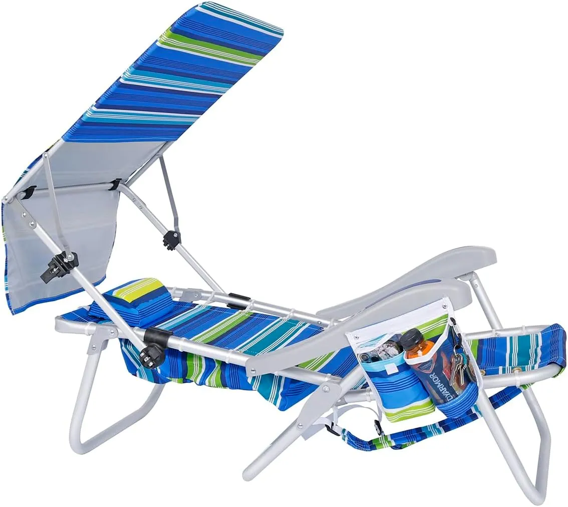 Ultimate Heavy Duty Aluminum Lace-Up Folding Backpack Beach Chair for Adults | Low Seat, Lay Flat, 5 Reclining Positions | Removable Insulated Cooler Pouch & Canopy for UV Protection