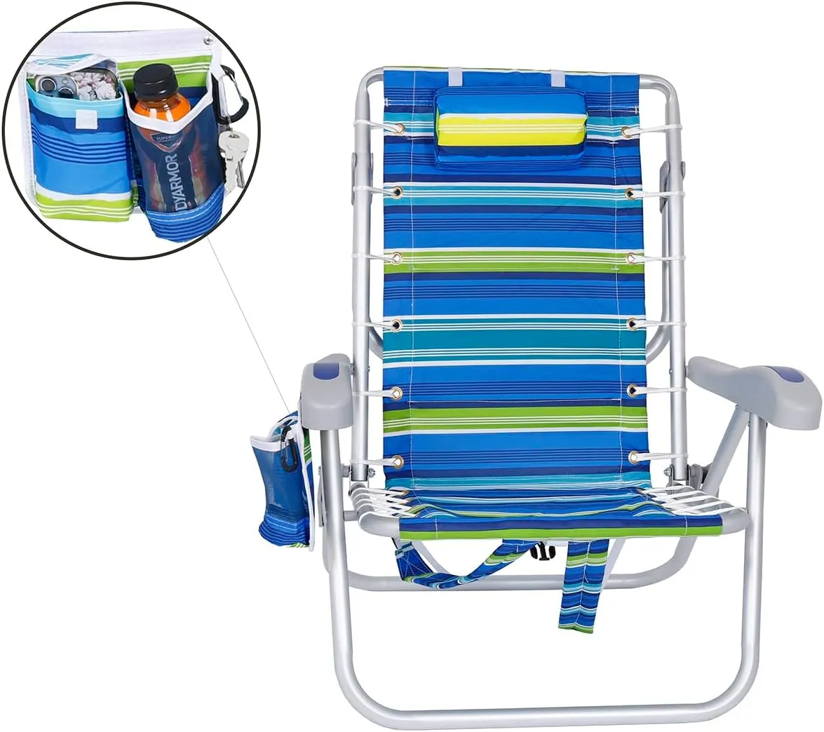 Ultimate Heavy Duty Aluminum Lace-Up Folding Backpack Beach Chair for Adults | Low Seat, Lay Flat, 5 Reclining Positions | Removable Insulated Cooler Pouch & Canopy for UV Protection