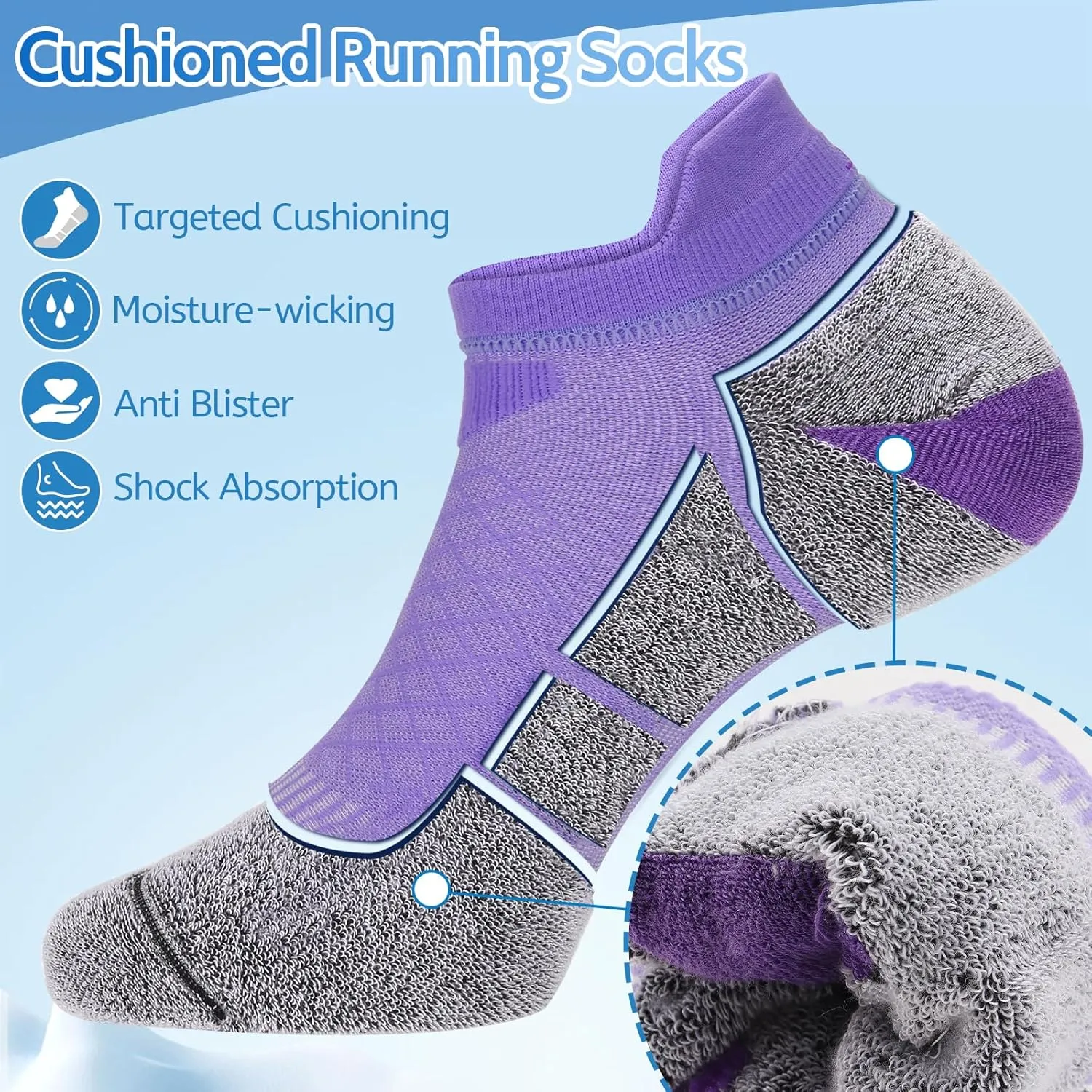 Ultrafun 3 Pairs Ankle Running Socks for Men Women Coolmax Compression Cushion Low Cut Athletic Sports Socks