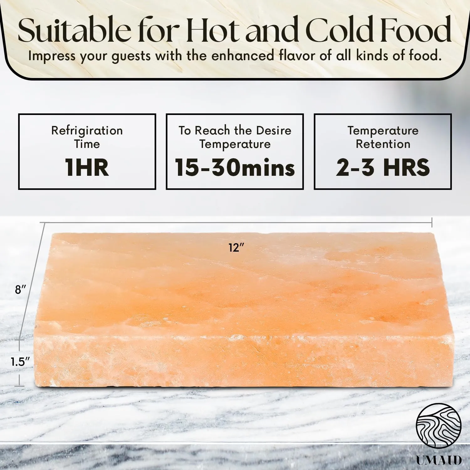 UMAID Himalayan Salt Block Cooking Plate 12x8x1.5 for Cooking, Grilling, Cutting and Serving, Food Grade Rock Salt Stone with Steel Tray & Recipe Pamphlet Unique Gifts for Men, Women, Chefs & Cooks