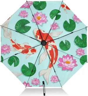 Umbrella, Auto Open Close Collapsible Umbrellas for Rain Windproof, Compact Size for Backpacks/Handbags - for Travel, Red Koi Fish Pink Flowers Blue