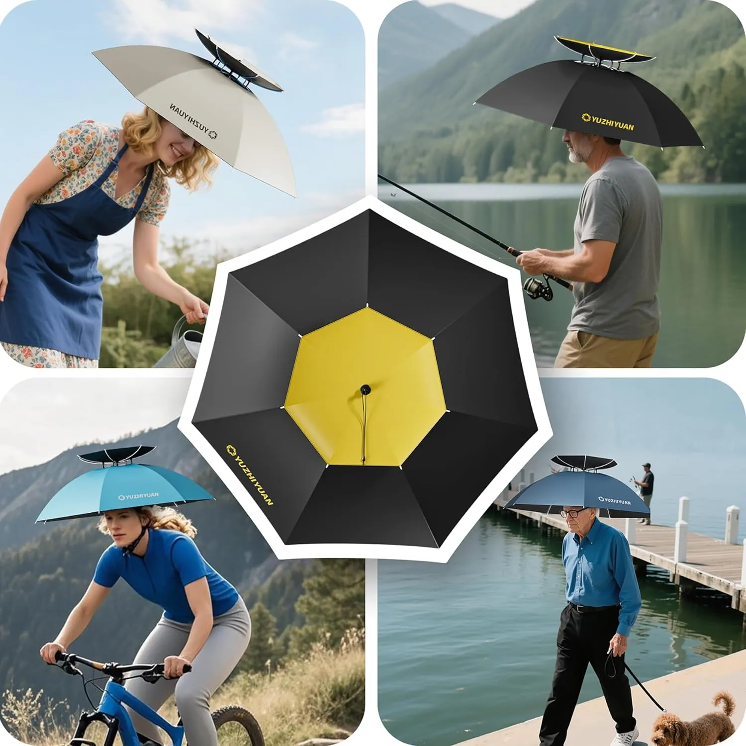 Umbrella Hat, 30.7/35.4/42.9 inch Umbrella Hats for Adults, Professional Black Coating Provides UPF 50  UV Protection, Silicone Headband and Chin Strap for Fishing, Camping, Gardening Shade and more.