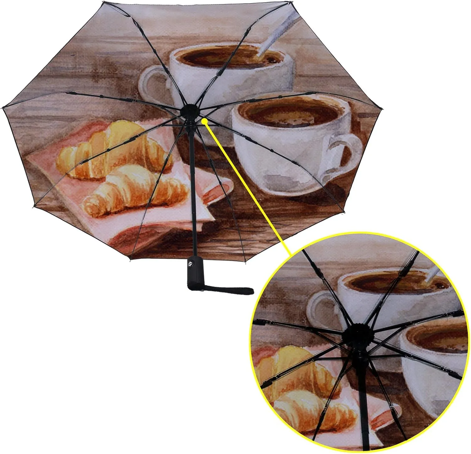 Umbrella Rain Windproof Espresso Croissant Rustic Wooden Table Automatic Folding Compact Beach Anti-UV Protection Umbrellas Travel Golf Parasol Open Close Men Women Girls Adults