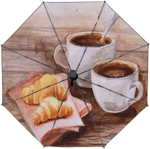 Umbrella Rain Windproof Espresso Croissant Rustic Wooden Table Automatic Folding Compact Beach Anti-UV Protection Umbrellas Travel Golf Parasol Open Close Men Women Girls Adults