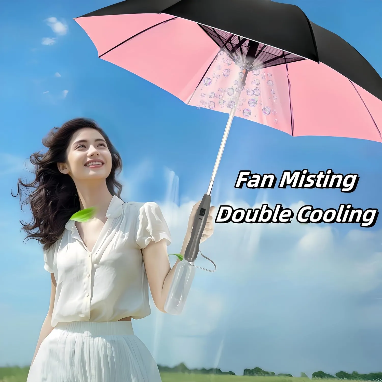 Umbrella with Fan & Mist Spray - Rechargeable UV Protective Cooling Umbrella for Patio, Beach, Travel | Portable Misting System & Detachable Water Bottle Included