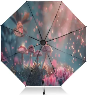 Umbrellas for Rain, Compact Umbrella for Purse Windproof, Ideal for Car, Purse, Men and Women, Mushrooms Butterfly Flowers