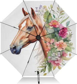 Umbrellas for Rain, Compact Umbrella Windproof, Ideal for Car, Purse, Men and Women, Watercolor Horse Flowers