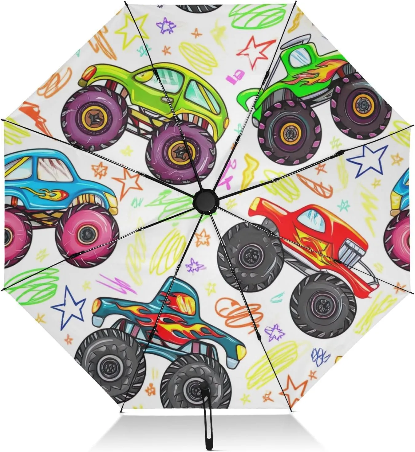 Umbrellas for Rain, Folding Umbrellas for Rain Windproof, Ideal for Car, Purse, Men and Women, Colorful Monster Trucks