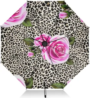 Umbrellas for Rain, Windproof Collapsible Umbrella Compact Travel, Ideal for Car, Purse, Men and Women, Pink Roses Leopard Print