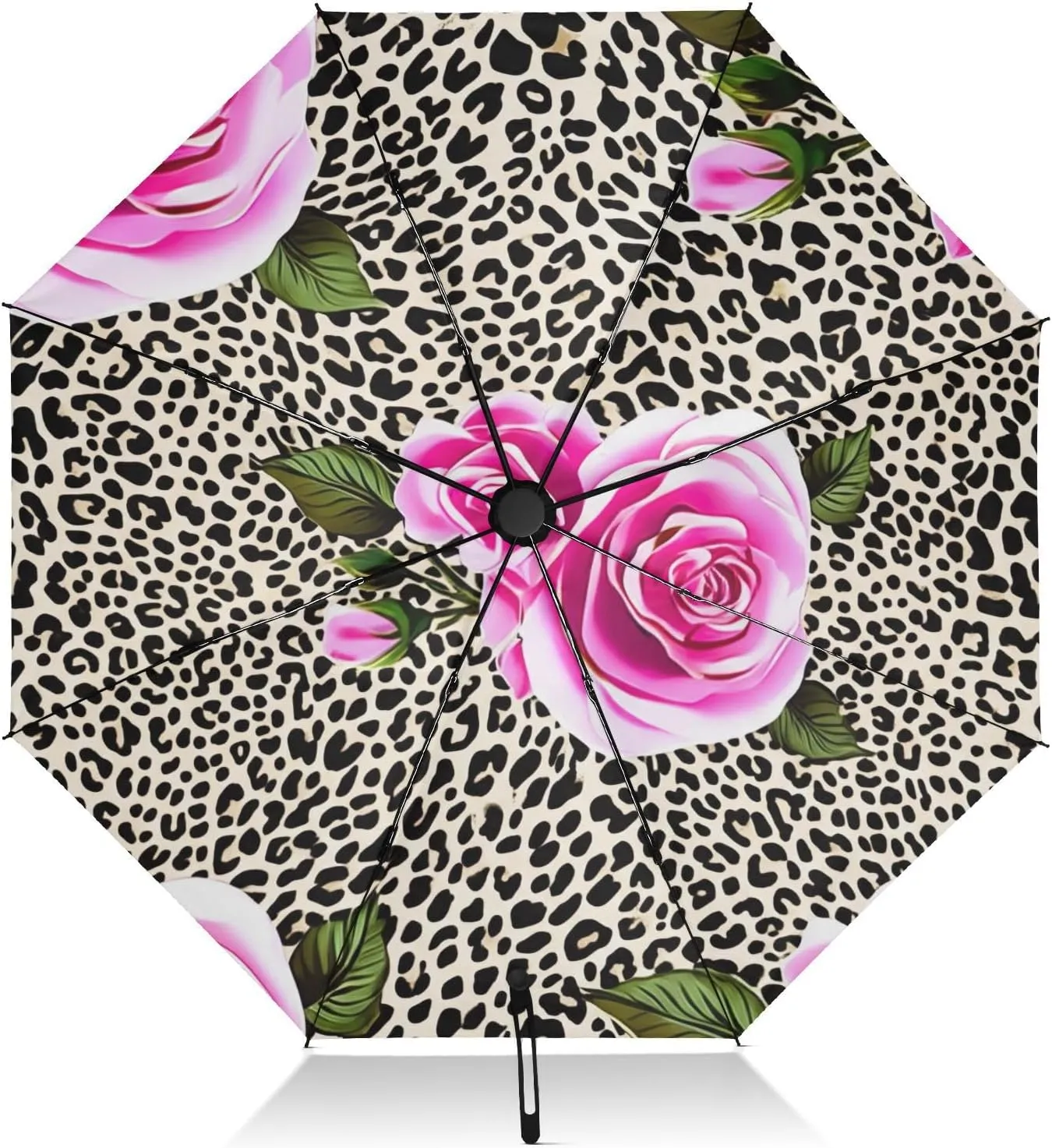 Umbrellas for Rain, Windproof Collapsible Umbrella Compact Travel, Ideal for Car, Purse, Men and Women, Pink Roses Leopard Print