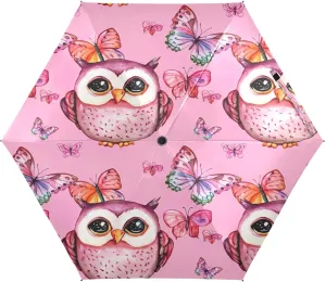 Umbrellas for Sun, Windproof Compact Umbrella for Purse, Ideal for Car, Purse, Men and Women, Adorable Watercolor Owls Pink