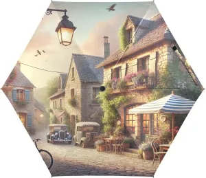 Umbrellas for Sun, Windproof Uv Umbrella Compact, Ideal for Car, Purse, Men and Women, Rustic Village Street