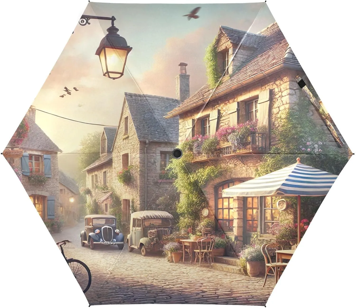 Umbrellas for Sun, Windproof Uv Umbrella Compact, Ideal for Car, Purse, Men and Women, Rustic Village Street