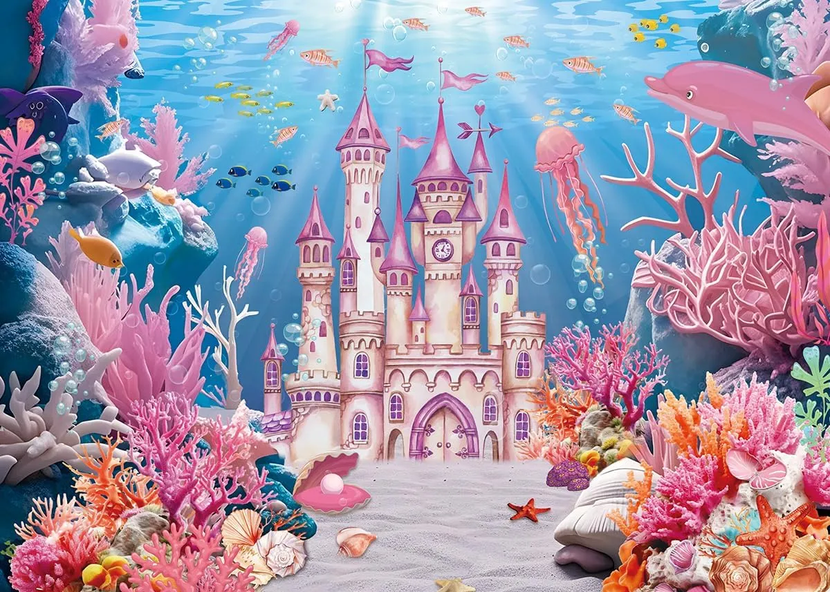 Under The Sea Backdrop Summer Underwater World Wonderland Castle Coral Shell Mermaid Ocean Theme Photography Background Girls Princess Baby Shower Birthday Party Decorations Photo Props (8x6FT)
