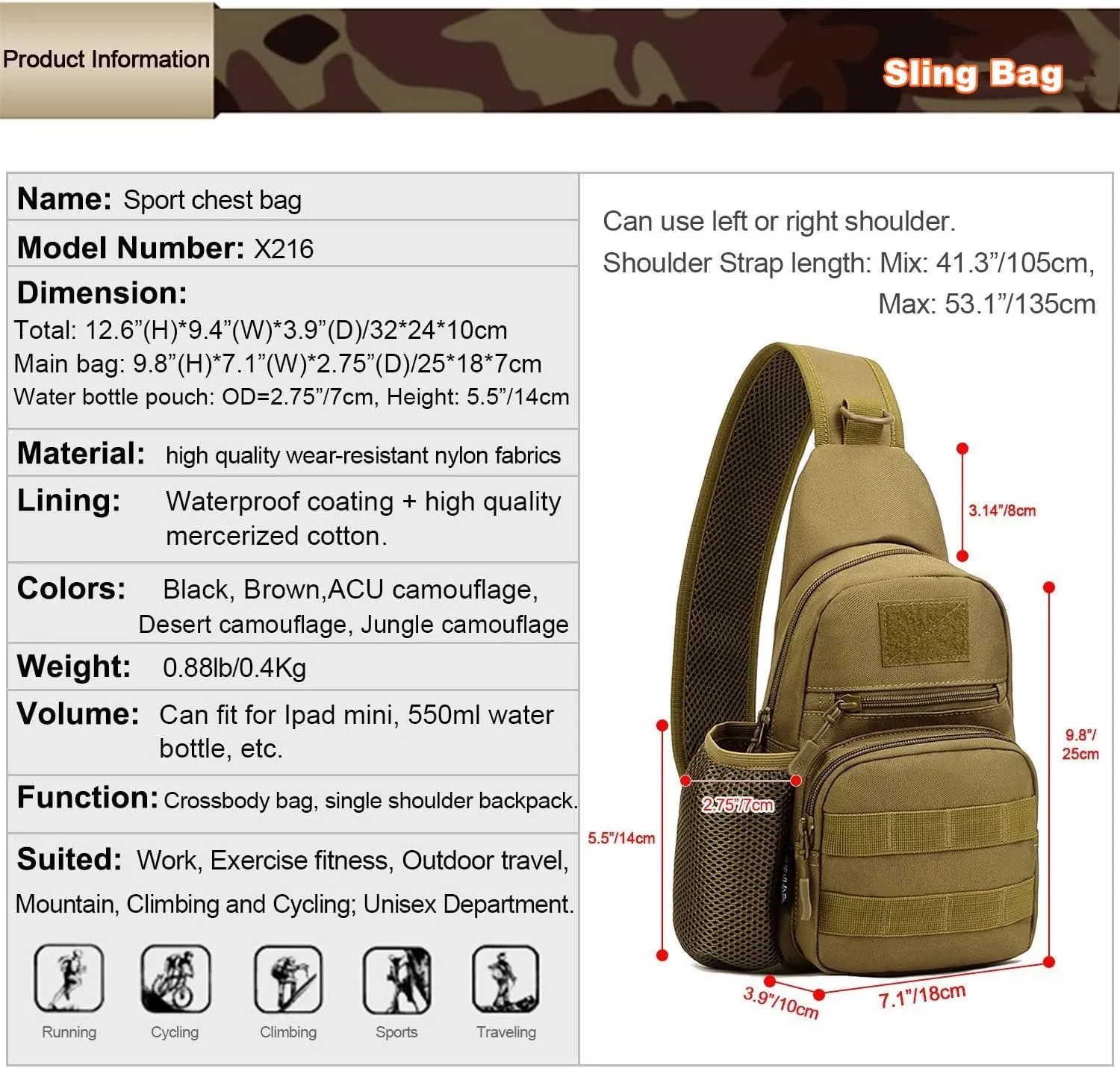 UNISTRENGH Tactical Sling Bag Chest Pack Molle Daypack iPad Mini Military Shoulder Bag Crossbody Duty Gear Backpack (Desert Camouflage)