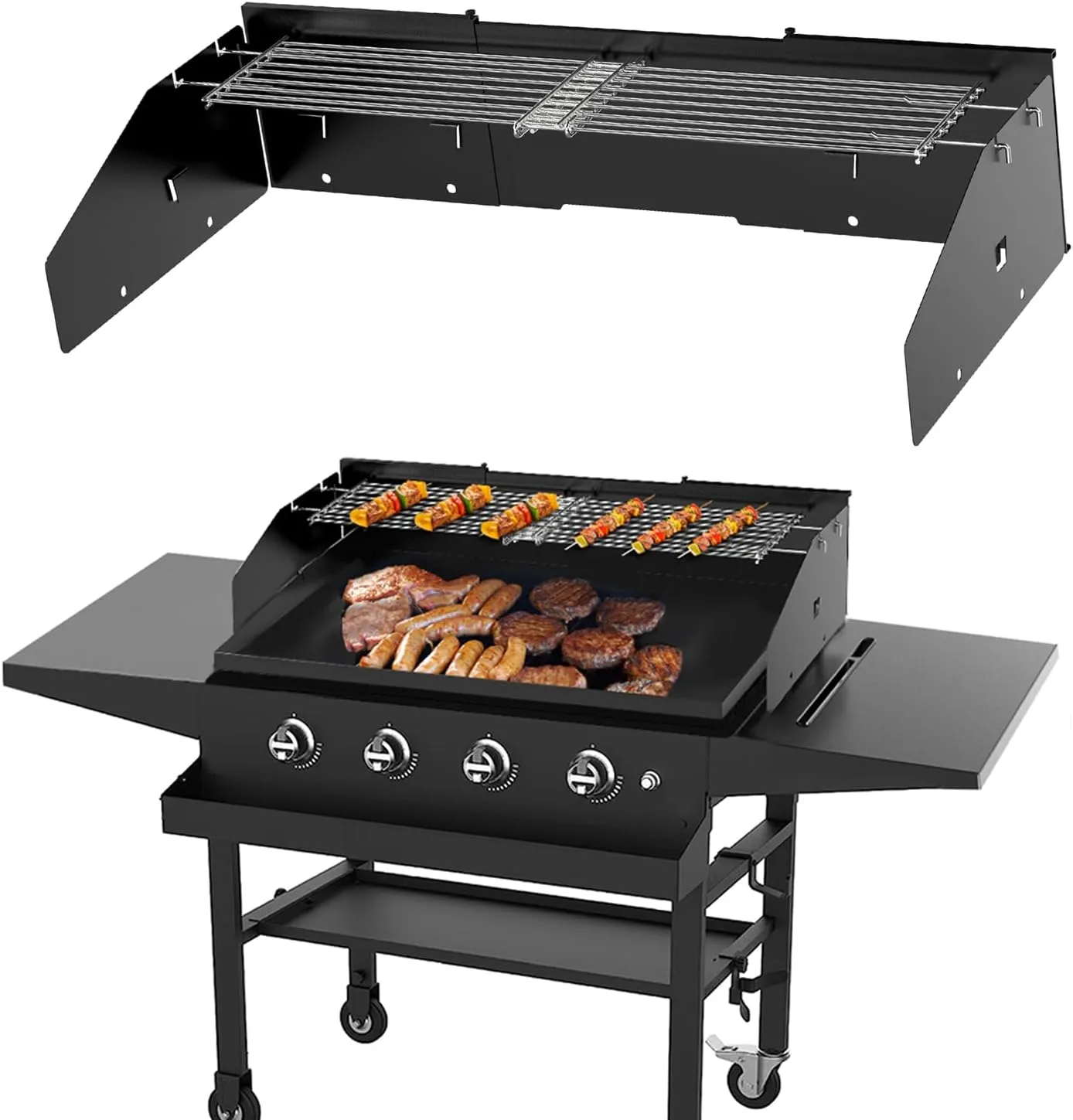 Universal Wind Guard and Warming Rack Set Fit for Griddle From 28" to 36" without a Hood, Wind Screen and Cooking Grid BBQ Grill Accessories for Griddle with Front Grease